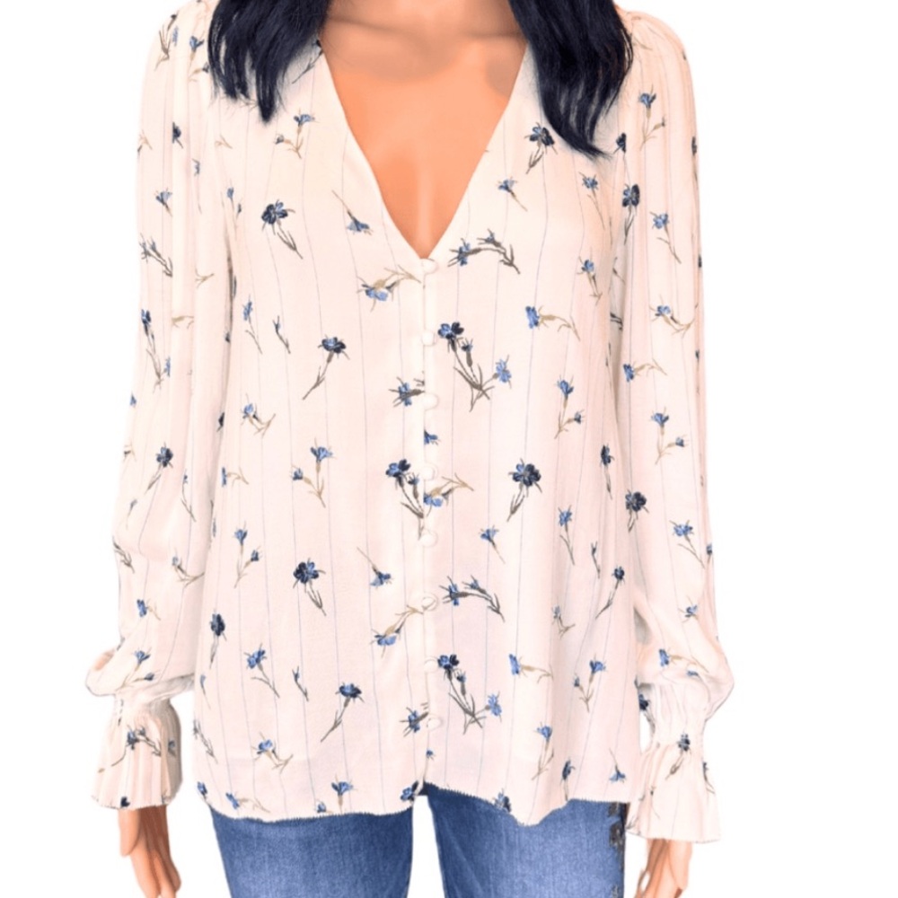 Joie Floral V-Neck Blouse - Cream and Blue